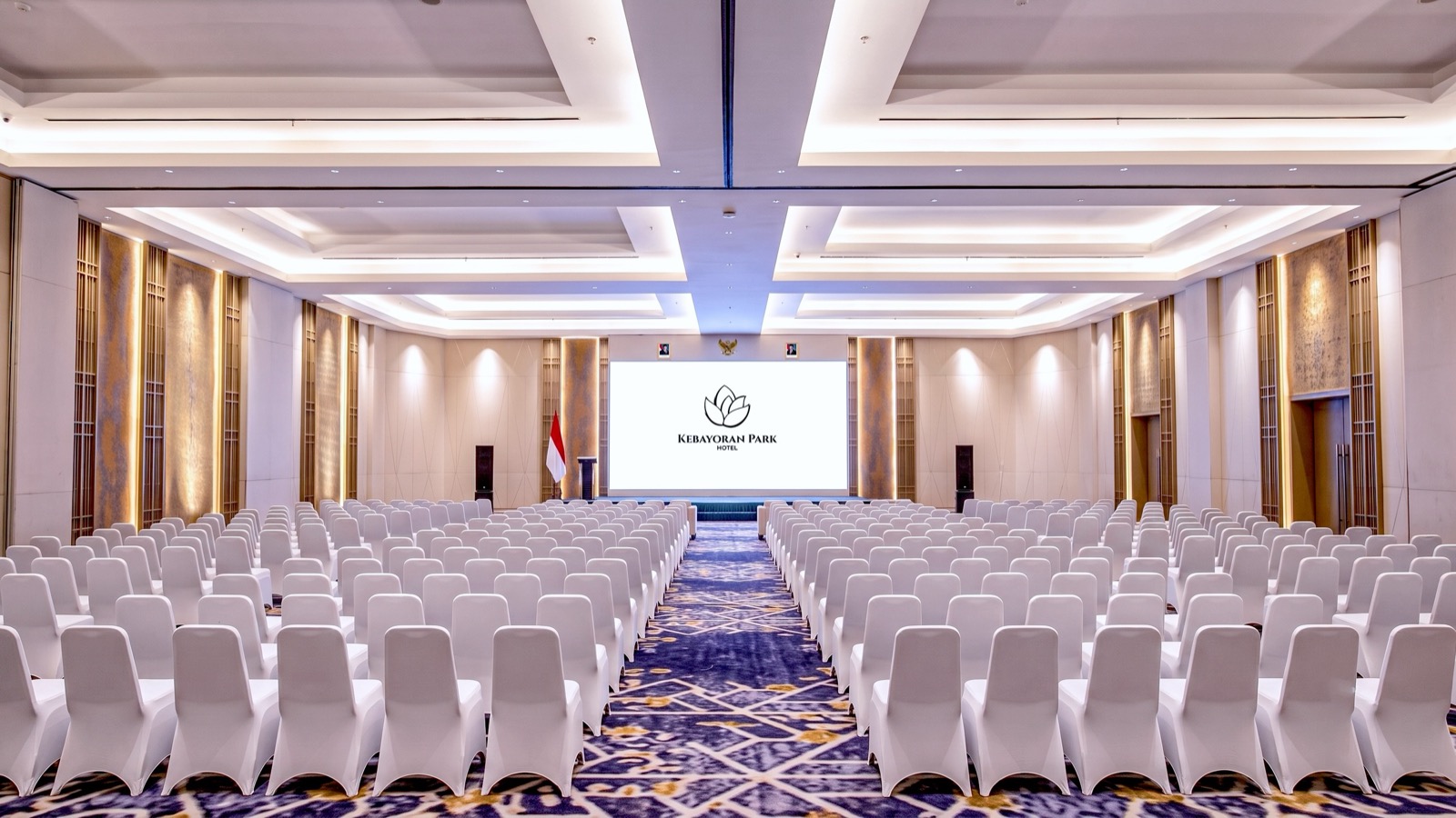 The ballroom set for an event